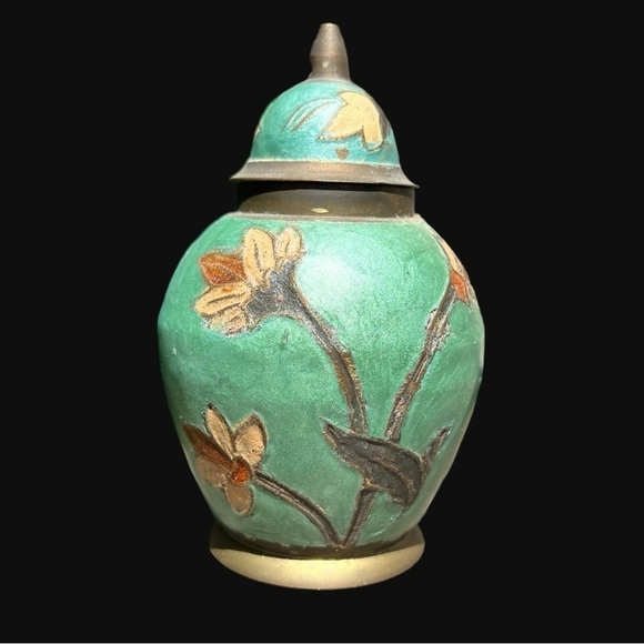 🌻VINTAGE Teal Floral Brass Urn with Lid || Home Decor  || Made In India - Picture 4 of 12